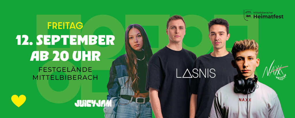 Freitag beim Heimatfest Mittelbiberach 2025: Die Party-Nacht mit den DJs JUICYJAM, LASNIS & NAXX bringt den Festplatz zum Beben! Feiern, tanzen & durchdrehen bis in die Nacht!